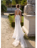 Halter Beaded Ivory Lace Tulle Slit Wedding Dress